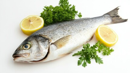 Fresh Fish with Lemon and Herbs on White Background