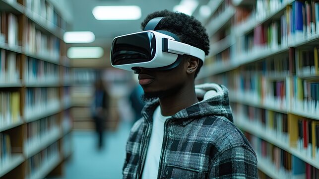 A young man wears a VR headset. The photo depicts the potential for virtual reality to enhance learning and education.