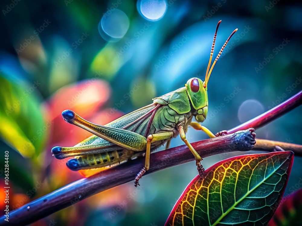 Poster surreal close-up of a leaf grasshopper resting on a branch with selective focus, capturing nature's 