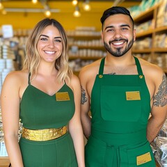 Two smiling individuals in green attire, promoting a product in a store.