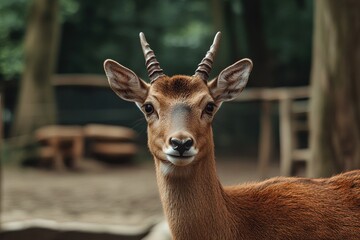 Obraz premium Young Deer With Antlers Gazes Calmly in a Wooded Area During a Bright Daylight Moment