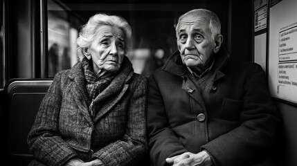 Naklejka premium Two elderly people are sitting next to each other on the bus, their faces reflecting fatigue and sadness. Deep wrinkles and calm eyes create an atmosphere of time and history.