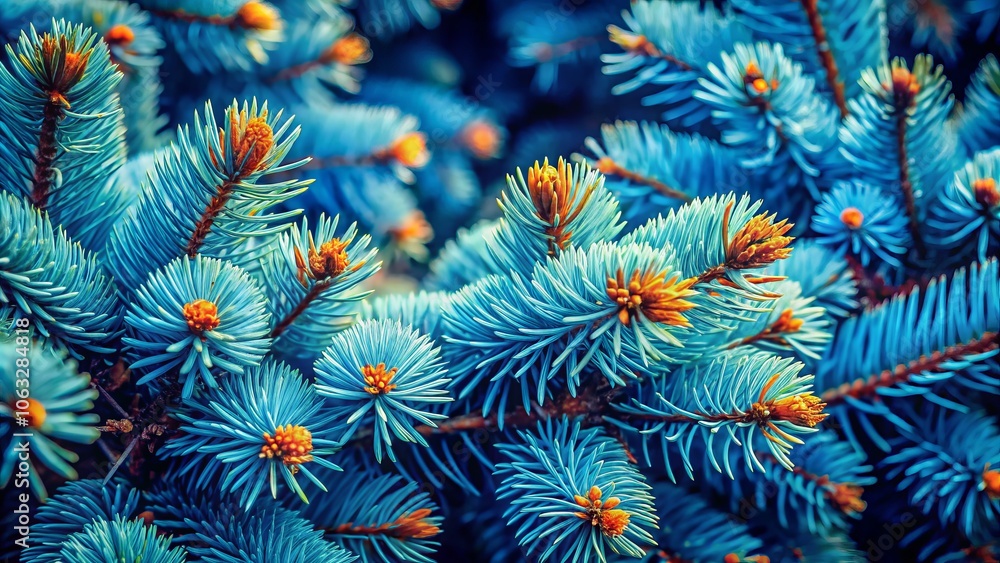 Poster surreal dense evergreen conifer with lush blue spruce branches creating a textured background of fir