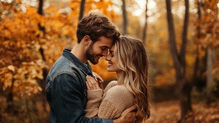 Fototapeta premium Romantic loving couple cuddling while dating at autumn forest, panorama with copy space
