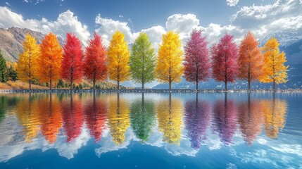 A wonderful nature view with colorful trees reflecting in the water by the lake, blue sky 