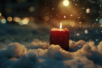 A single red candle lit in the middle of snowy surroundings, often used for winter or Christmas themed projects