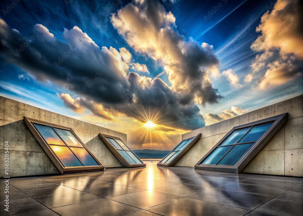 Poster surreal modern architecture: a concrete building showcasing three unique roof windows under a dreaml