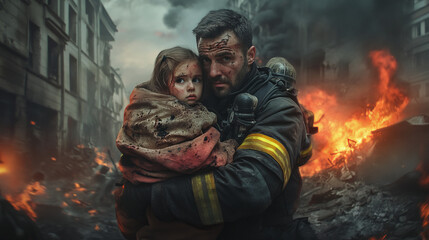 Fototapeta premium A firefighter with an anxious look protects a little girl wrapped in a gray blanket against the background of burning buildings and devastation.