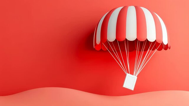 A colorful striped parachute floating gracefully against a vibrant coral background