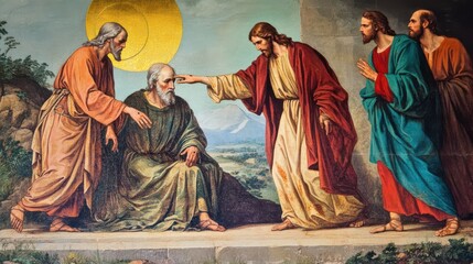 Fototapeta premium scene of Jesus appearing to Thomas, who doubts the resurrection until he touches Jesusâ€™ wounds, symbolizing the triumph of faith over doubt,