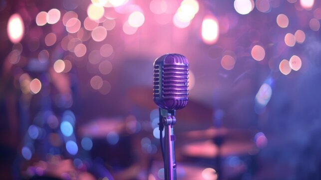 Soft blur of the jazz singers microphone standing at the center of the stage.