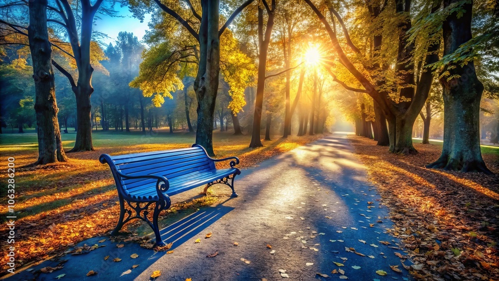 Poster surreal scene of a blue bench in a park forming a straight pathway with columns of trees and unique 