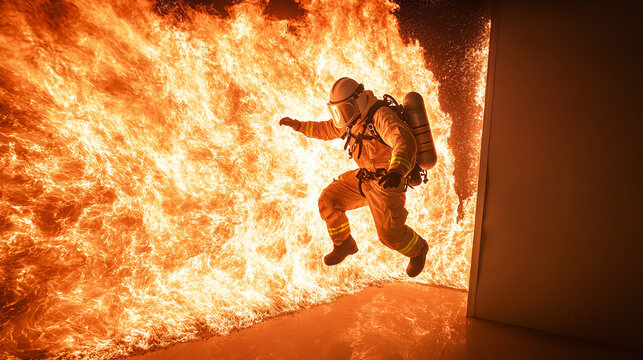  In the center of the fiery inferno, a firefighter in a protective mask and gear, confidently moves through the raging flames. Sparks and heat surround him, symbolizing danger and heroism.