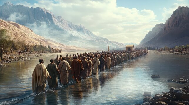 scene of Joshua leading the Israelites across the Jordan River into the Promised Land, symbolizing new beginnings and fulfillment of promises,