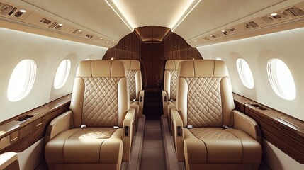 Empty airplane cabin seats with brown leather seats and white overhead lighting.