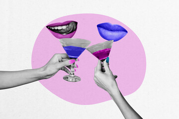 Composite photo collage of hands hold martini glass beverage celebration weekend relax party mouth...