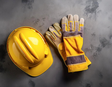 casco de construcci&oacute;n amarillo con guantes de seguridad sobre textura de cemento, para protecci&oacute;n laboral prevenci&oacute;n de riesgos en trabajos industriales, construcci&oacute;n y seguridad