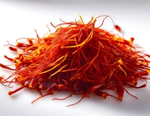 High-quality close-up of saffron threads on a plain white background