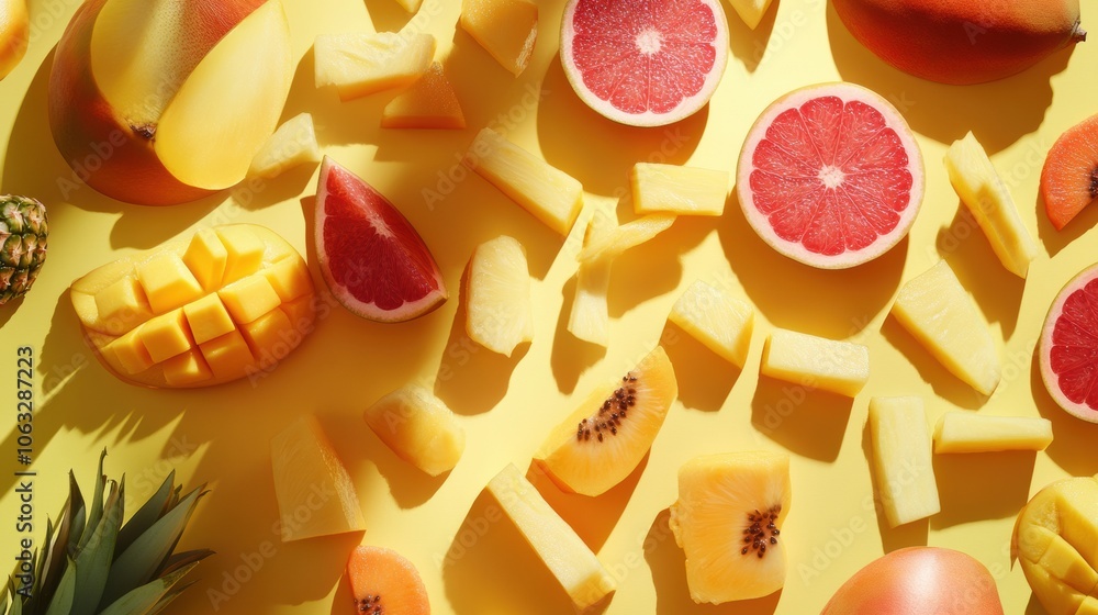 Poster a colorful array of freshly sliced tropical fruits such as mangoes, pineapples, and papayas adorns a
