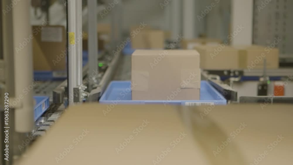 Poster packages move along a conveyor belt in a modern warehouse setting with automated sorting system