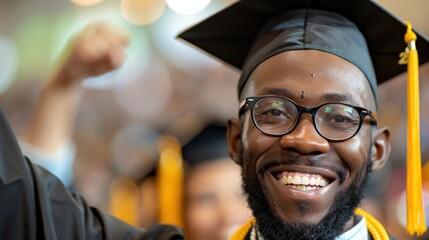 Fototapeta premium A joyful graduate in a cap and gown celebrates their achievement, smiling broadly with excitement.