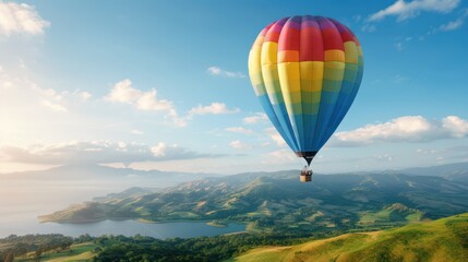 Fototapeta premium A colorful hot air balloon floats over scenic green hills and a serene body of water under a bright blue sky.