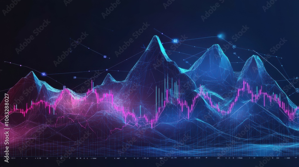 Poster hi-tech hologram of mountain ranges with glowing vector chart of investment financial data. stock ma