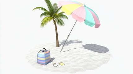 Obraz premium Vector cartoon style background of sea shore. Good sunny day. Deck chair and beach umbrella