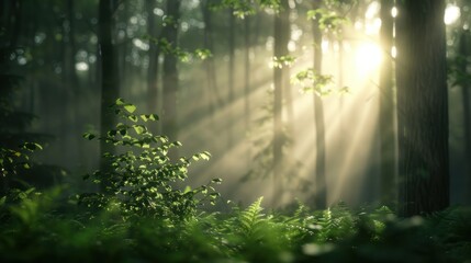 Fototapeta premium A serene forest scene with sunlight streaming through trees, creating a tranquil atmosphere filled with greenery and soft shadows.