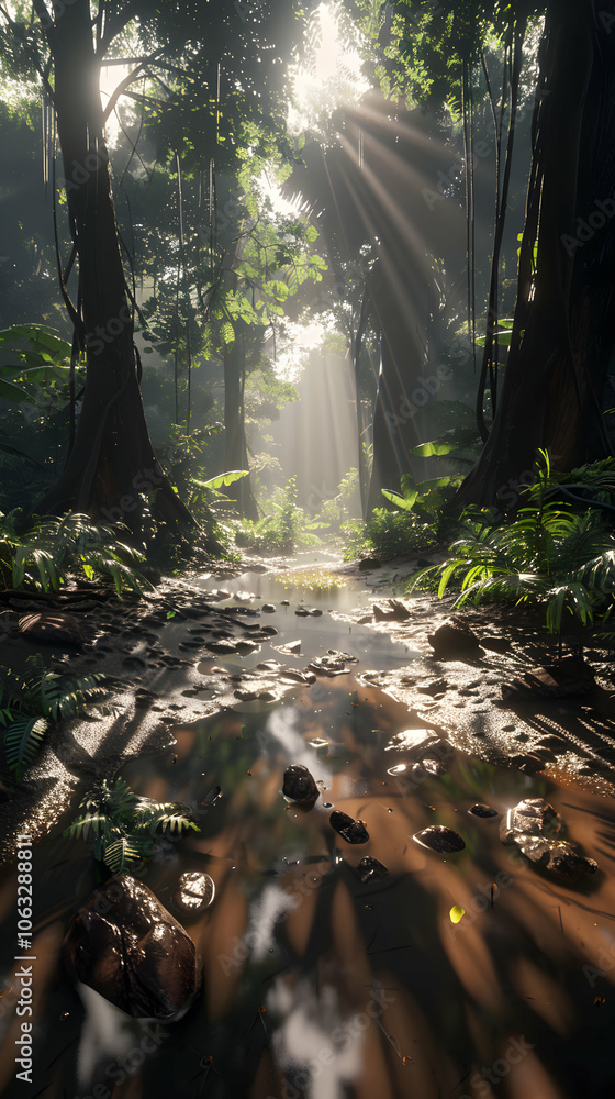 Poster a serene jungle scene with sunlight filtering through trees, illuminating a tranquil stream.