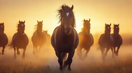 Fototapeta premium A majestic herd of wild horses galloping through a golden field at sunrise, symbolizing freedom, strength, and unity