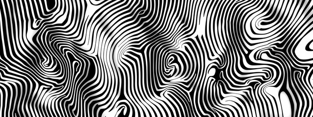 Abstract black and white wavy patterns create a dynamic sense of movement and depth.