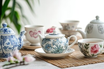 Fototapeta premium Ceramic tea set with delicate floral design on bamboo mat