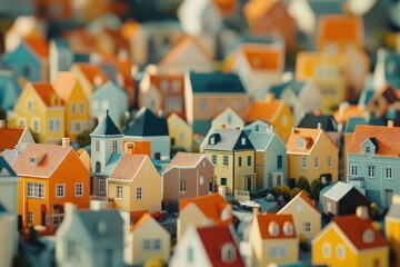 Small toy houses stacked high, great for illustrations or designs needing tiny architecture