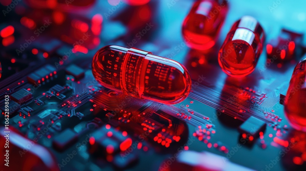Poster red capsules on a digital circuit board symbolizing advanced medication and biotechnology.