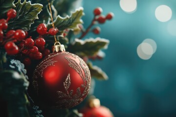 Obraz premium A detailed view of a Christmas ornament hanging from a decorated tree