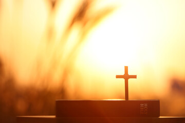 The cross of Jesus Christ on the holy bible, autumn reeds and barley field sunset landscape and Thanksgiving background
