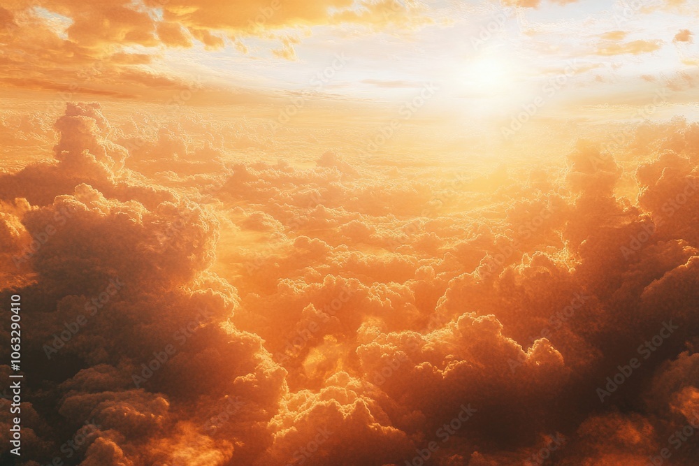 Poster a serene scene of the sun setting behind a layer of clouds, with a warm glow illuminating the sky