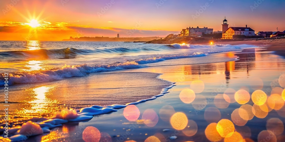 Poster tranquil early morning at hampton beach nh with soft bokeh effect capturing sunrise reflections on w