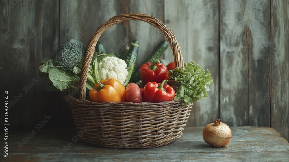 Poster a beautifully arranged wicker basket filled with fresh vegetables and fruits sits atop a rustic wood