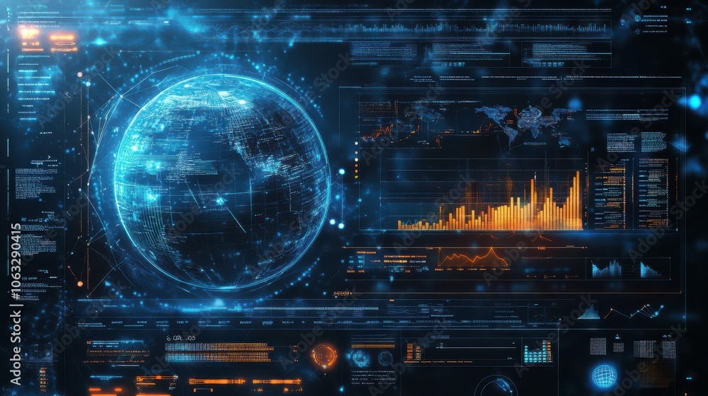 Poster image of infographic interface and globe space.