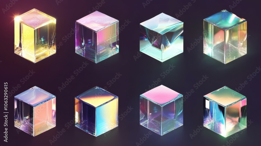 Poster set of crystal light holographic glass cube render icons. abstract geometric transparent block shape