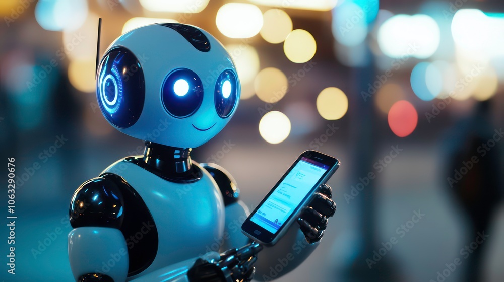 Poster a friendly robot holding a smartphone, illuminated by soft background lights.