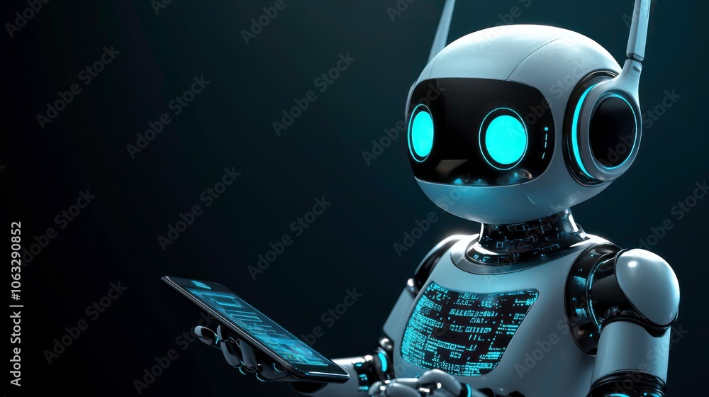 Poster A friendly robot holding a smartphone, illuminated by soft background lights.
