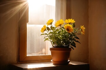 Fototapeta premium fresh flower in clay pot near window with cozy room with sun light from window