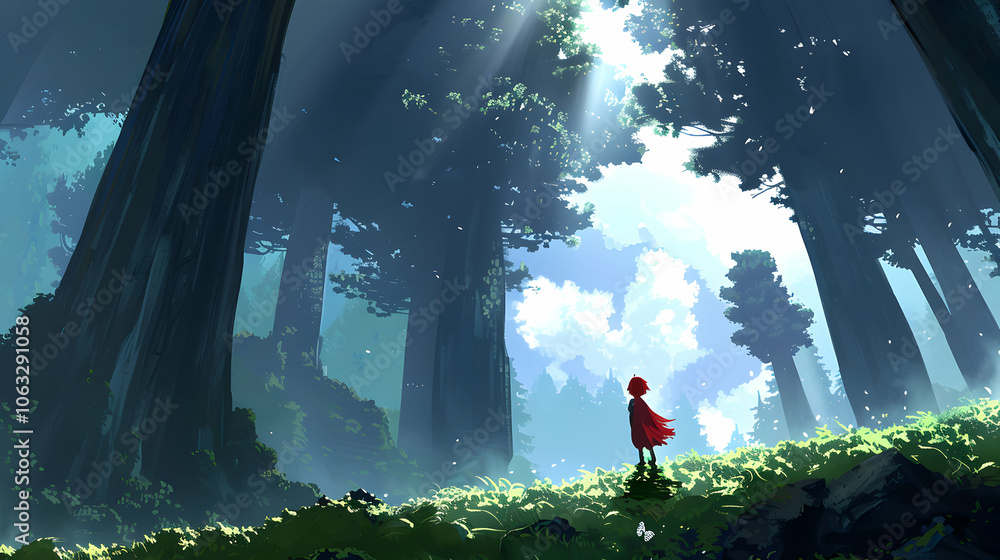 Poster a serene forest scene with a figure in a red cloak, illuminated by soft sunlight.
