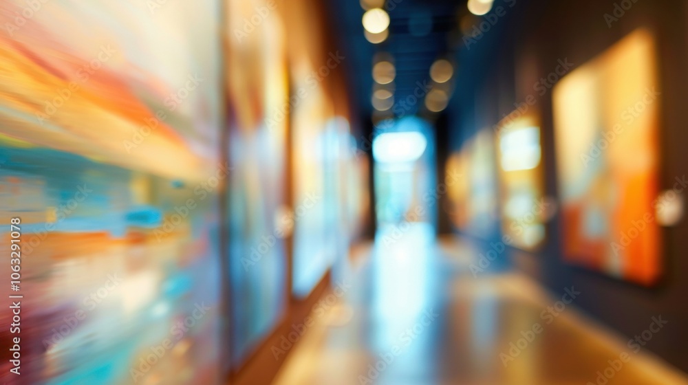 Poster the walls of the gallery blend into one another in a soft blur with only fragments of paintings visi