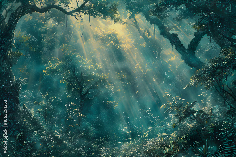 Poster a serene forest scene with sunlight filtering through dense trees, creating a tranquil atmosphere.