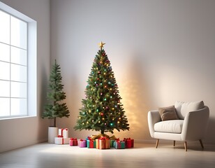 Christmas tree in a cozy room with Sofa, gift and light . Empty space for text. Christmas card, new year card, happy new year and Merry Christmas 