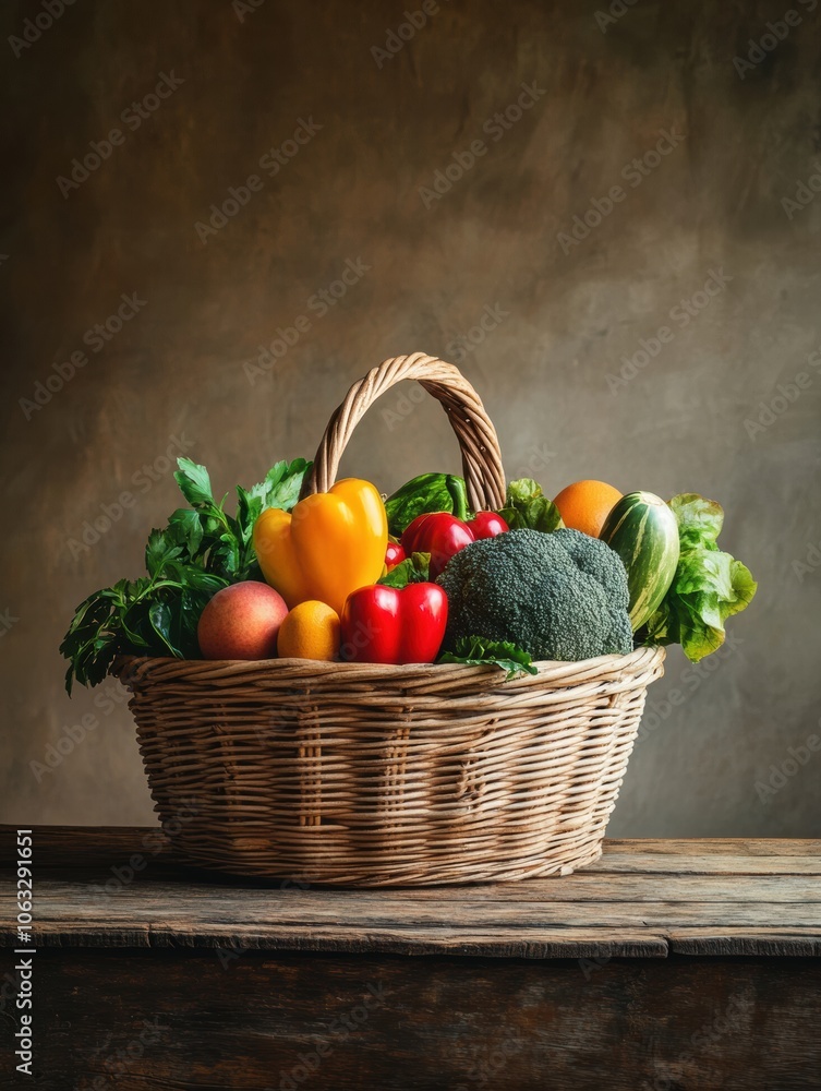 Poster a wicker basket filled with colorful fruits and vibrant vegetables sits atop a rustic wooden table, 
